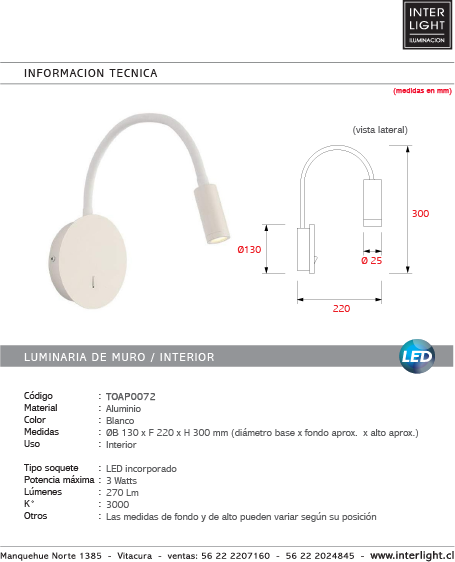 Aplique metal blanco Ø13 cm 3w 3000k- TOAP0072