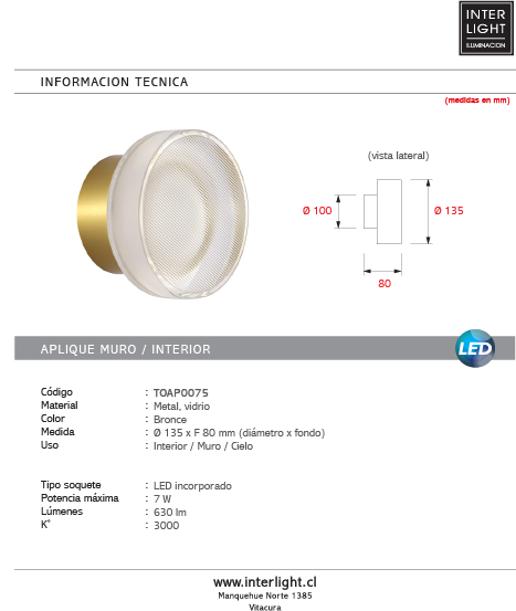 Aplique bronce vidrio Ø13,5 cm 7W 3000K LED - TOAP0075