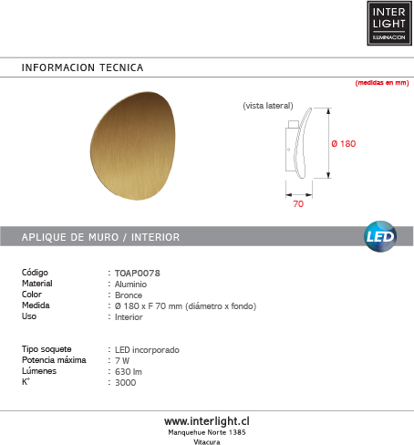 Aplique metal bronce 7W 3000K 18cm - TOAP0078