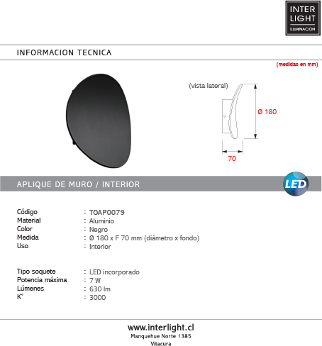 Aplique metal negro 7W 3000K 18cm - TOAP0079