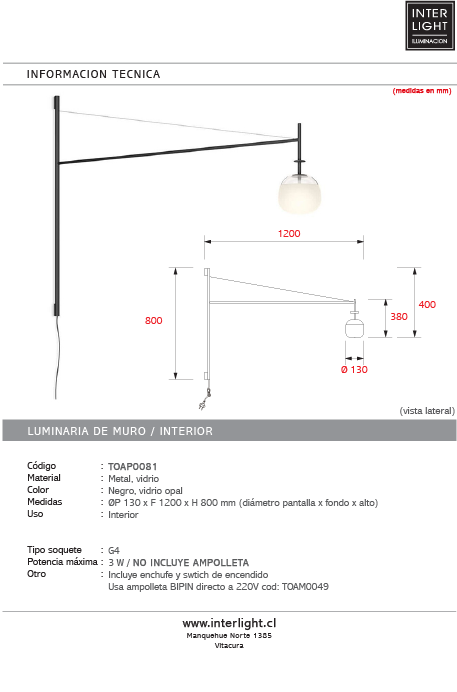 Aplique metal negro vidrio G4 120X80 cm - TOAP0081