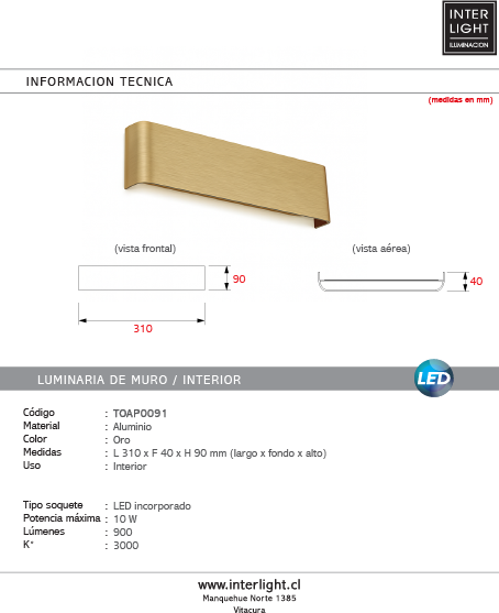 Aplique aluminio oro 31 cm 10W LED  - TOAP0091