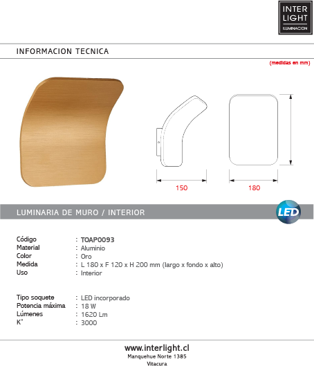 Aplique aluminio oro 18x20cm 12W LED  - TOAP0093