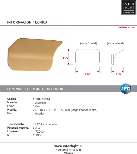 Aplique aluminio oro 24x15,5cm 8w - TOAP0094