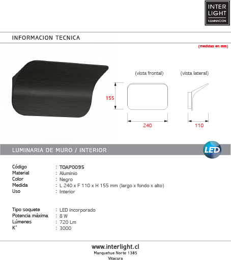 Aplique aluminio negro 24x15.5cm 8W - TOAP0095