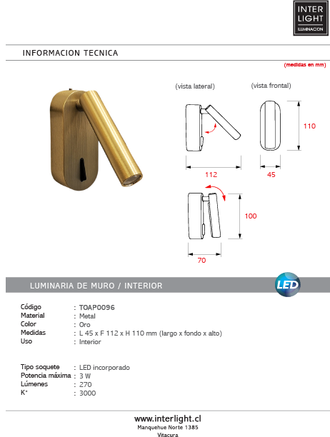 Aplique de lectura metal oro 4.5x11.2x11 cm 3W 3000k LED - TOAP0096