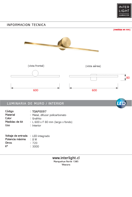 Aplique metal bronce 60cm 3000k 8W LED  - TOAP0097