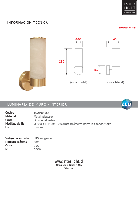 Aplique metal bronce alabastro Ø8x14x28 cm 8W LED- TOAP0100