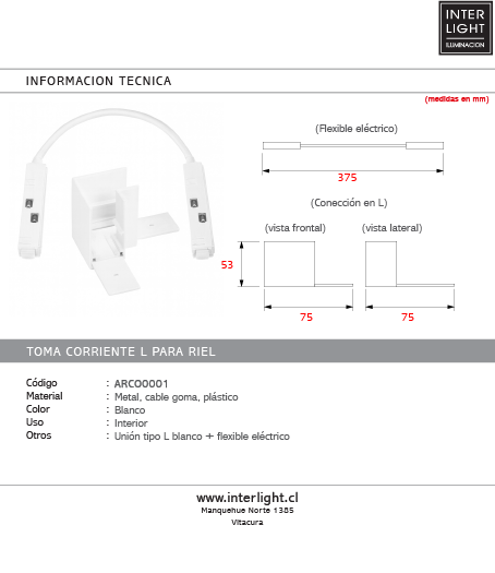 Conexión tipo L para riel blanco 48v - TOCO0006