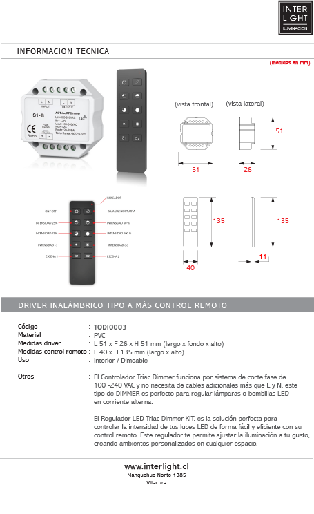 Driver inalámbrico tipo A más control remoto Dimeable a 220V- TODI0003