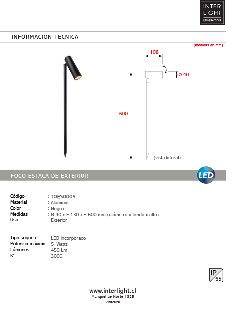 Estaca jardín metal negro 60 cm LED 5W - TOES0005