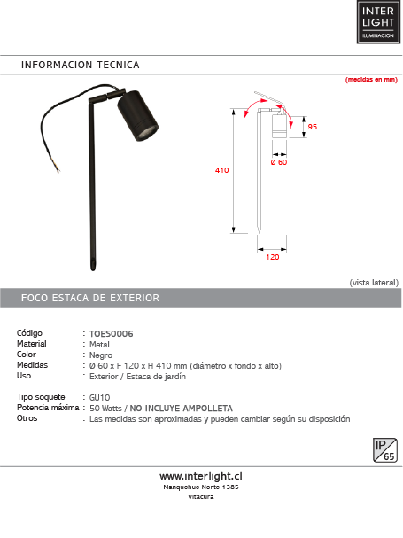 Estaca jardín metal negro IP65 Ø 6x41 cm GU10 - TOES0006