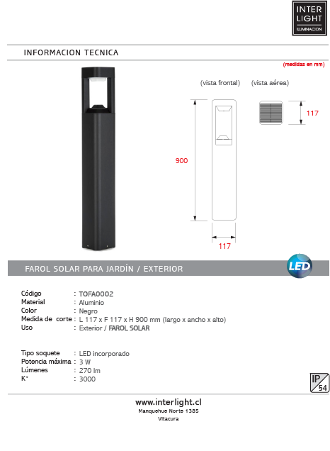 Farol solar para jardín negro LED 3W 3000K 90cm - TOFA0002