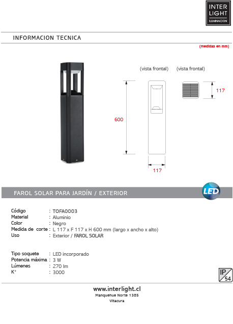 Farol solar para jardín negro LED 3W 3000K 60cm - TOFA0003