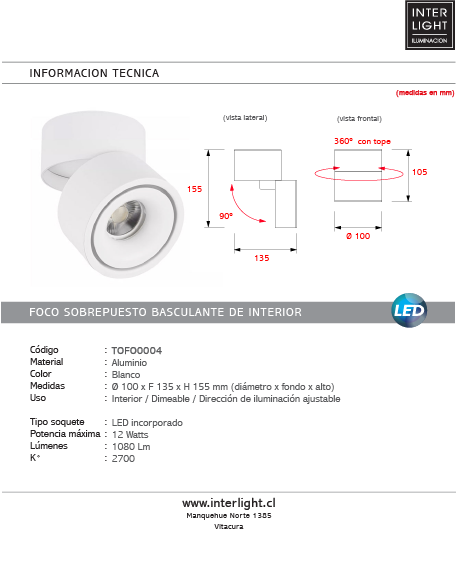 Foco sobrepuesto dimeable aluminio blanco Ø 10 cm LED 12W - TOFO0004