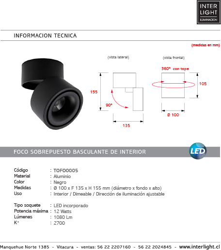 Foco sobrepuesto dimeable aluminio negro Ø 10 cm LED 12W - TOFO0005