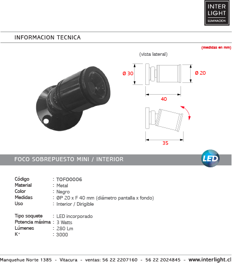 Foco mini metal sobrepuesto negro dirigible Ø 2x4 cm LED 3W - TOFO0006