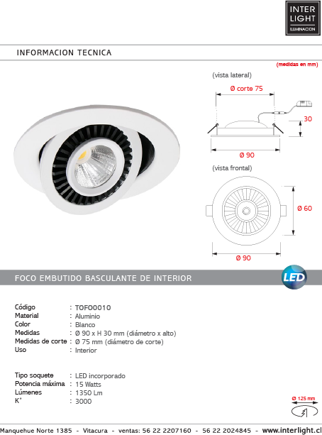 Foco embutido aluminio blanco Ø 9 cm LED 6W - TOFO0010