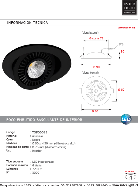 Foco ebutido aluminio negro Ø 9 cm LED 6W - TOFO0011