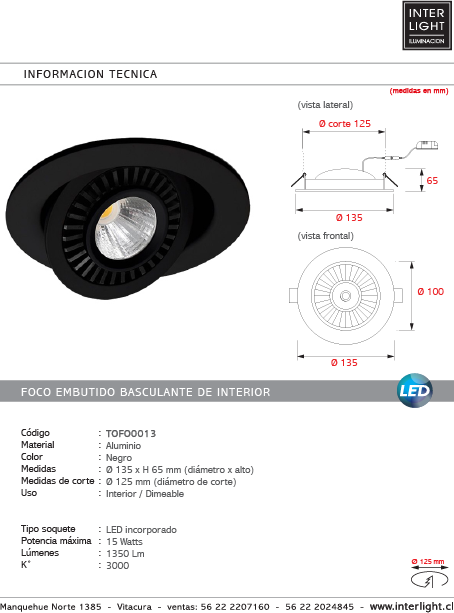Foco embutido dimeable aluminio negro Ø 13,5 cm LED 15W - TOFO0013