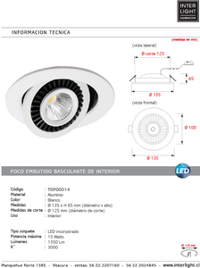 Foco embutido aluminio blanco Ø 13,5 cm LED 15W - TOFO0014
