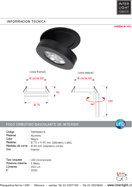 Foco embutido aluminio negro Ø 7,5 cm LED 4W - TOFO0015