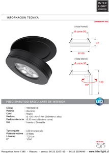 Foco embutido dimeable aluminio negro Ø 10 cm LED 8W - TOFO0019