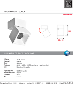 Foco sobrepuesto dimeable metal blanco 8x8 cm LED 10W - TOFO0023