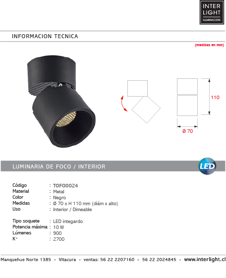 Foco sobrepuesto dimeable dirigible metal negro Ø 7 cm LED 10W - TOFO0024