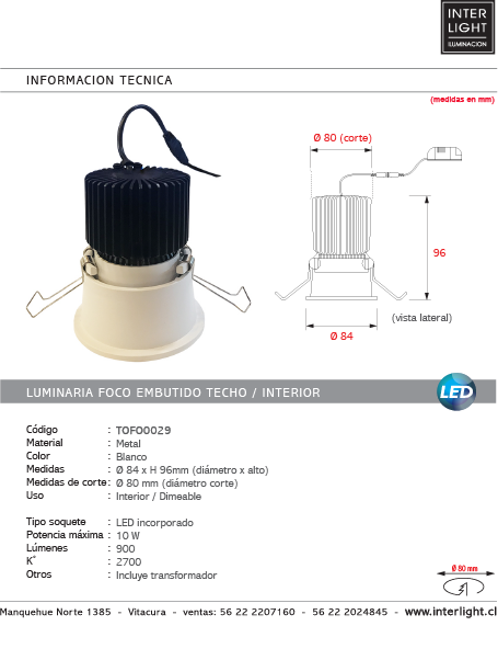 Foco embutido metal blanco dimeable Ø 8,4 cm LED 10W - TOFO0029