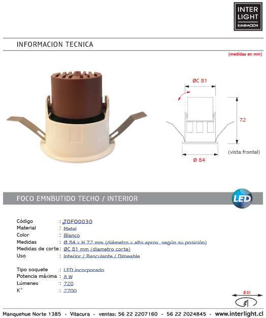 Foco embutido basculante dimeable metal blanco Ø 8,4 cm LED 10W - TOFO0030