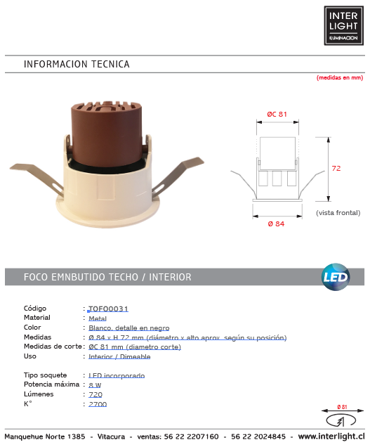 Foco embutido dimeable metal blanco Ø 8,4 cm LED 8W - TOFO0031