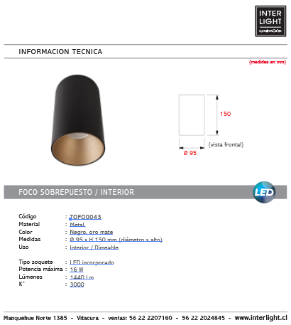 Foco sobrepuesto dimeable metal negro oro Ø 9,5x15 cm  LED 16 W - TOFO0043