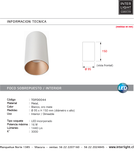 Foco sobrepuesto dimeable metal blanco oro Ø 9,5x15  LED 16 W - TOFO0044