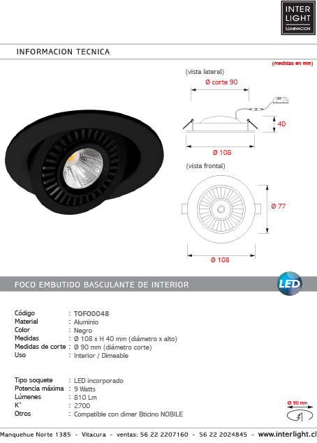 Foco embutido aluminio negro dimeable Ø10,8 cm LED 9W - TOFO0048