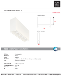 Foco sobrepuesto dimeable metal blanco 14x7 cm 5 luces LED 2W - TOFO0056