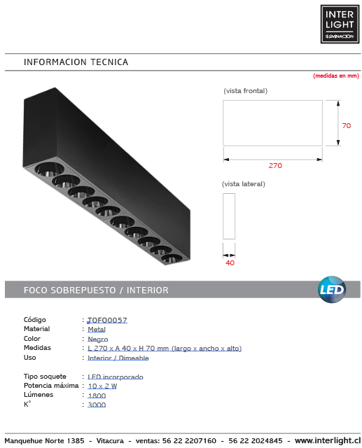 Foco sobrepuesto dimeable metal negro 27x7 cm 10 luces LED 2W - TOFO0057