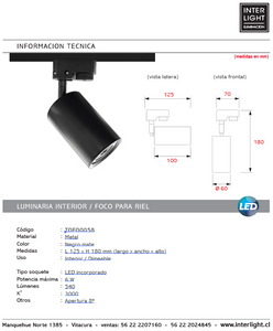 Foco riel metal negro dimeable 12,5x18 cm LED 6W - TOFO0058