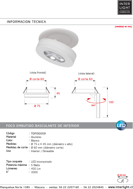 Foco embutido dimeable aluminio blanco Ø 7 cm LED 4W - TOFO0059