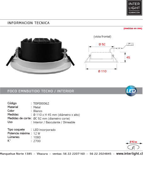 Foco embutido dimeable metal blanco baculante Ø 11 cm LED 12W - TOFO0062