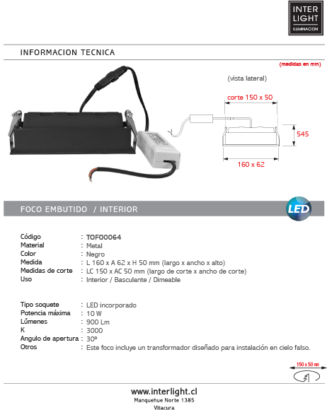 Foco embutido metal negro 10W 2700K dimeable - TOFO0064