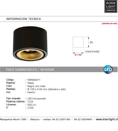 Foco sobrepuesto dimeable metal negro oro Ø10 x 6,5  LED 10 W - TOFO0071