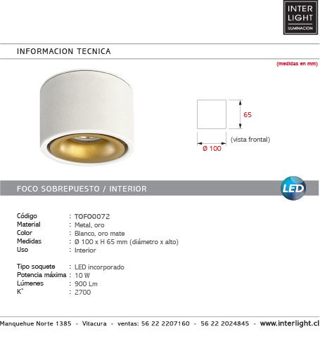 Foco sobrepuesto dimeable metal blanco oro Ø10 x 6,5 LED 10 W - TOFO0072
