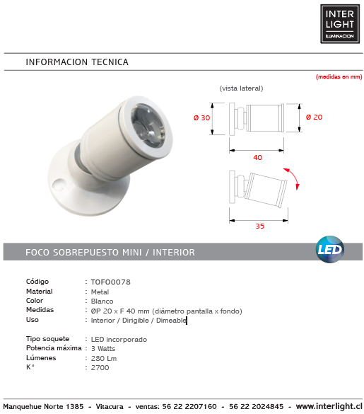 Foco mini metal sobrepuesto blanco dirigible Ø 2x4 cm LED 3W - TOFO0078