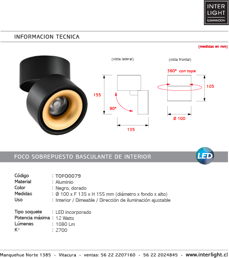 Foco sobrepuesto dimeable aluminio negro dorado Ø 10 cm LED 12W - TOFO0079