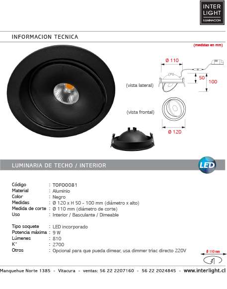 Foco embutido basculante aluminio negro dimeable Ø12 cm LED 9W - TOFO0081
