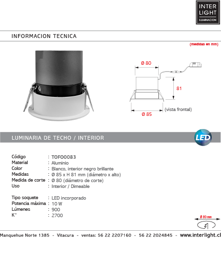 Foco embutido aluminio blanco interior negro brillante  Ø 8,5 cm LED 10W - TOFO0083