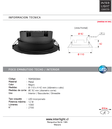 Foco embutido dimeable metal negro baculante Ø 11 cm LED 12W - TOFO0084