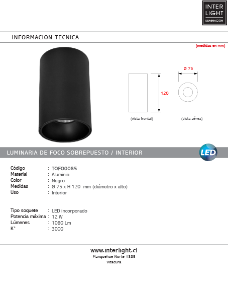 Foco aluminio sobrepuesto negro Ø7,5x12cm LED 12W - TOFO0085