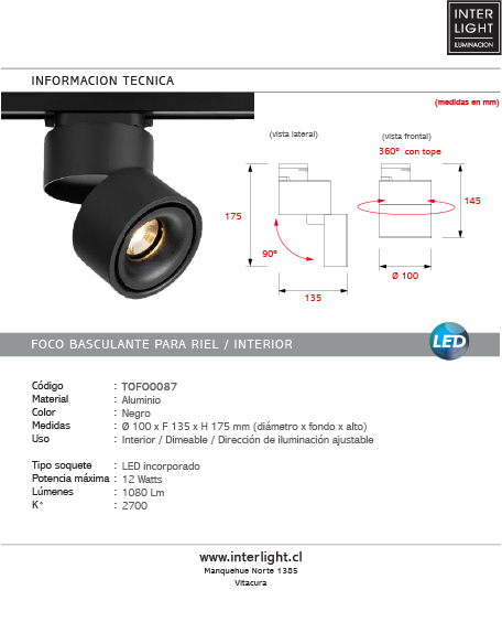 Foco riel dimeable aluminio negro Ø 10 cm LED 12W - TOFO0087